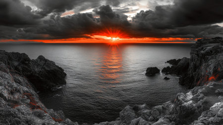Dramatic black and white seascape with red sunset, rocks, and dark clouds from mountain view