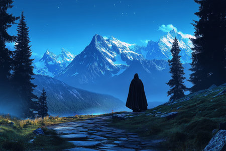 A mysterious cloaked figure overlooks an enchanted alpine meadow under a starlit sky