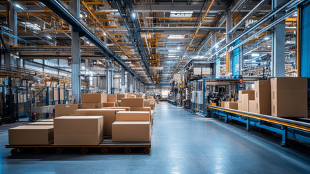 Large cardboard factory with high ceilings, modern machines, and bright blue lighting throughout.