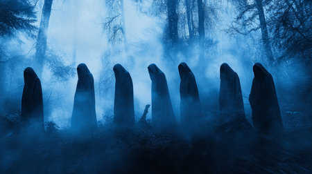 Mysterious hooded figures emerge from the fog in a spooky forest with dark blue huesの写真素材