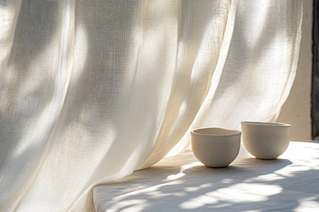 Close up of elegant white linen curtain with sunlight creating shadows on a charming outdoor tableの写真素材