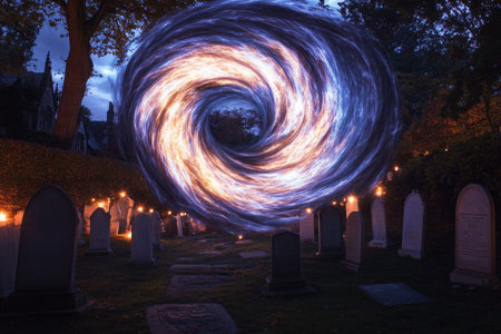 Stunning nighttime spiral above english cemetery with illuminated white tombstones and candles