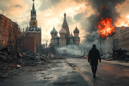 A man in black walks through the fiery ruins of Moscow s red square in a post apocalyptic scene.