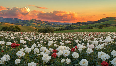 Serene sunset over endless fields of white and red roses with rolling green hills in the backgroundの写真素材