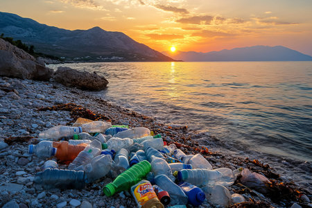 Sunset beach scene with plastic waste highlights urgent need for global environmental protection