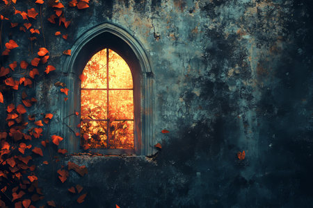 Enchanting vintage wall with arched window surrounded by autumn leaves and ancient ruinsの写真素材