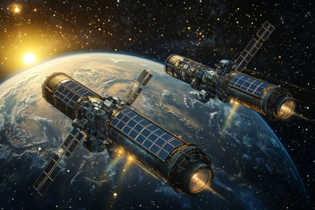 Cinematic scene of two orbiting spaceships one with solar panels and a cargo vessel against stars