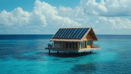 Luxury floating house with solar panels in maldives, captured in hyper realistic photography