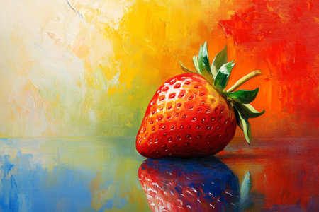 Vibrant oil painting of a single strawberry with reflective surface and colorful backgroundの写真素材