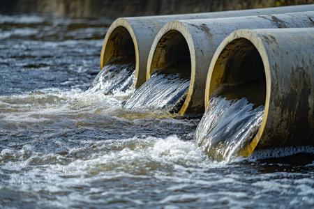 Clear water flowing from large concrete pipes into riverbank, showcasing urban water managementの写真素材