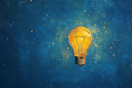 Innovative concept yellow light bulb soaring from drawing on blue background with ample copy spaceの写真素材