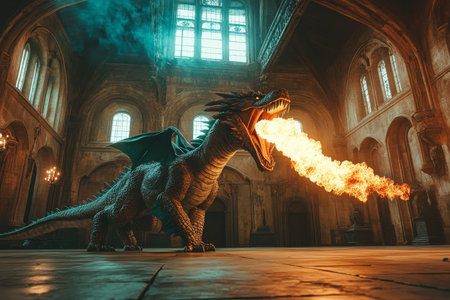 Epic cinematic scene of an enraged dragon breathing fire in a castle hall with dramatic lightingの写真素材