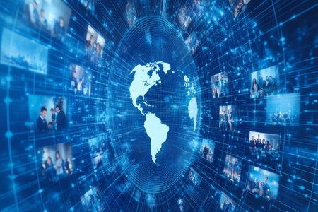 Global network concept businesspeople collaborating online with a globe and binary code background