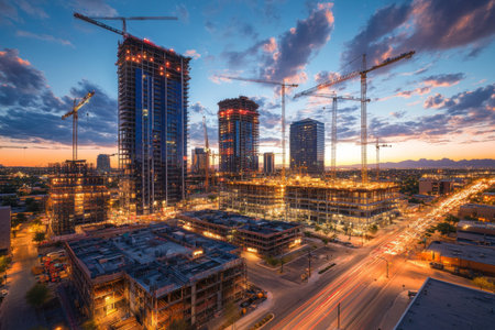 Vibrant nighttime cityscape of phoenix illuminated skyscrapers and construction against blue skyの写真素材