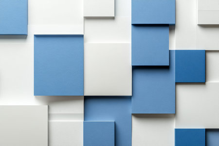 Minimalist geometric design featuring blue squares and white rectangles for business presentations