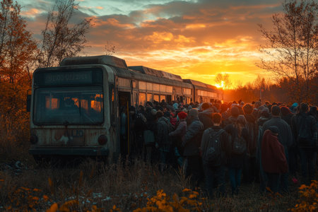 Cinematic image of an abandoned bus with people boarding at sunset in an autumn meadowの写真素材