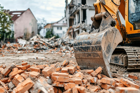 Close up of excavator shovel adding bricks to rubble with destroyed house in urban backgroundの写真素材