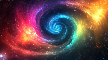 Vibrant spiral galaxy with colorful gradient and dynamic swirls in a cinematic space settingの写真素材