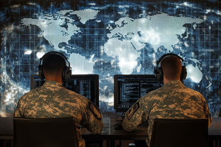 U.ssoldiers analyzing global security data at high tech command center with world map displayの写真素材