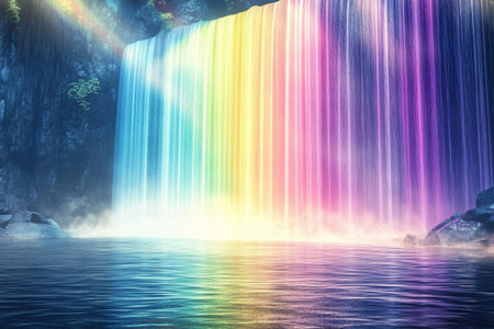 A stunning rainbow arches over a shimmering ocean, capturing nature's beauty and wonderの写真素材