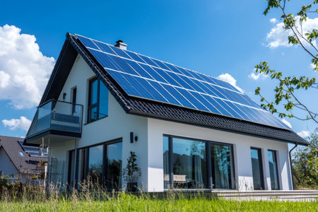 Modern house with solar panels under a clear blue sky a vision of sustainable energy solutionsの写真素材