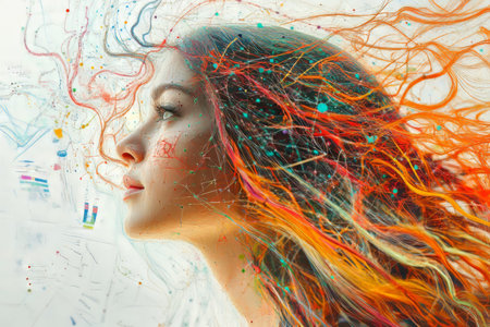 A vibrant woman s head with colorful lines and data visualizations in an oil painting style.