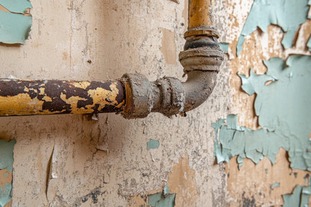 Abandoned house interior with broken water pipe, peeling walls, and vintage cabin aesthetic