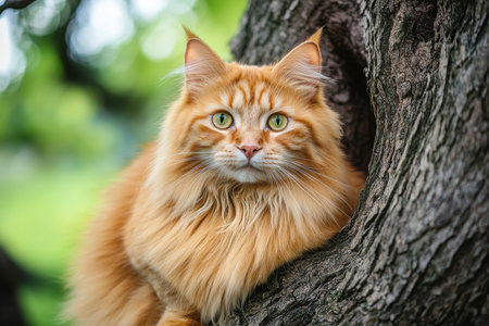 Portrait of a fluffy orange maine coon cat with green eyes sitting on a tree in summer parkの写真素材