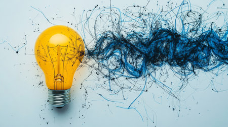 Abstract illustration of ideas flowing with yellow light bulb and messy lines on white backgroundの写真素材