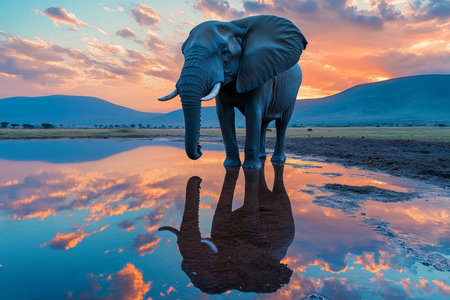 Majestic elephant at sunrise reflection in ngorongoro crater lake amidst african savannah beautyの写真素材
