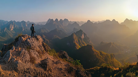 Stunning sunrise overlook asian hiker captures breathtaking mountain landscape with cameraの写真素材