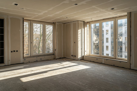 Under construction empty living room showcasing plasterboard walls and floorboards in city centerの写真素材