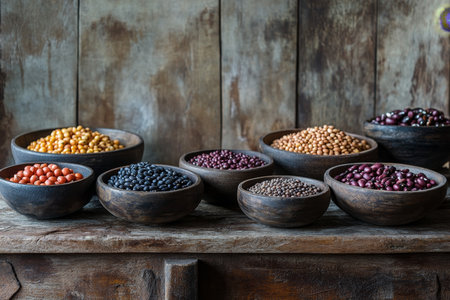 Vibrant assortment of dry beans, legumes, and grains in wooden bowls on rustic backdropの写真素材