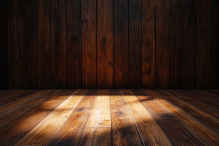 Tranquil wooden floor bathed in warm light against dark brown wood paneling backgroundの写真素材