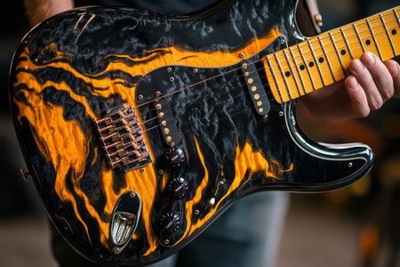 Close up of a hand strumming an electric guitar with yellow neck and black body in music studioの写真素材