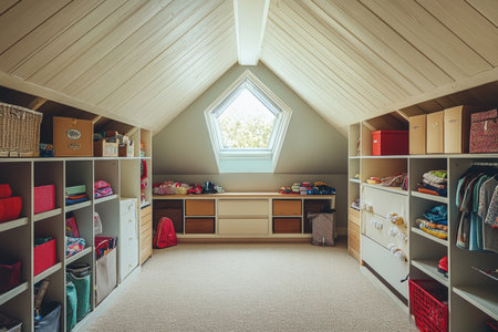 Bright and spacious children's room with organized attic storage and skylight view of the skyの写真素材