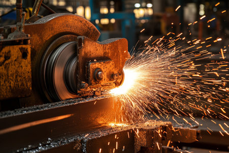 Electric wheel grinding on steel structure in industrial factory setting captured in photography
