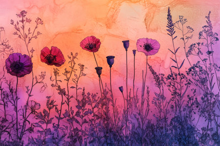 Vibrant watercolor wildflowers and poppies against a sunset, outlined in red, pink, and purpleの写真素材
