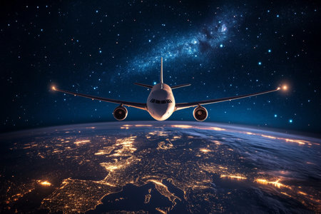 Realistic airplane flying over earth at night city lights, stars, and travel concept imageryの写真素材