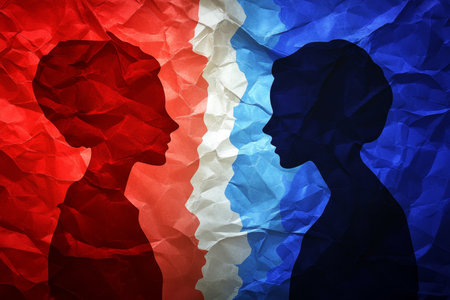 Silhouettes engaged in conversation against a French flag background with crumpled paper textureの写真素材