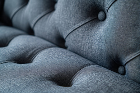 Close up of a dark gray fabric sofa with button details elegant home decor photographyの写真素材
