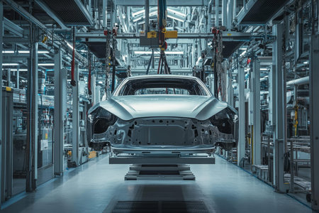 Photorealistic image of a car factory in china featuring a gray vehicle body on electric hoist