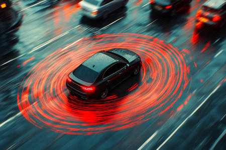 Self driving car surrounded by red sound waves on a busy city street captured from aboveの写真素材