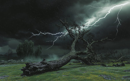 Powerful tornado swirls over lush field with striking lightning and fallen tree amid thunderstormの写真素材