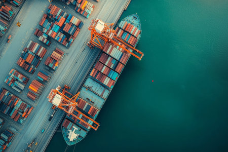 Aerial perspective of cargo ship and container terminal with crane bridge in active harbor scene