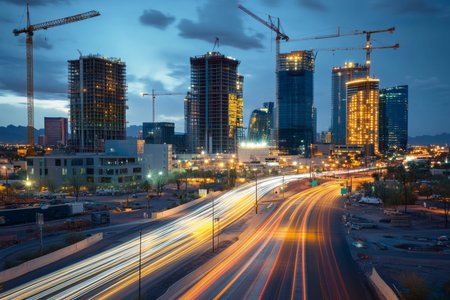 Vibrant nighttime cityscape of phoenix with illuminated skyscrapers and construction cranes