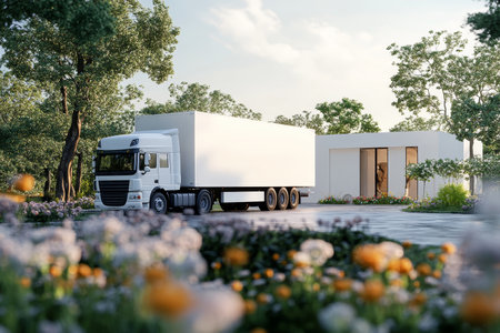 3d render of a white truck with container parked by a modern house in a minimalistic landscapeの写真素材