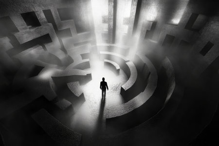 A surrealist perspective of a figure lost in an endless black and white maze of intricate patternsの写真素材
