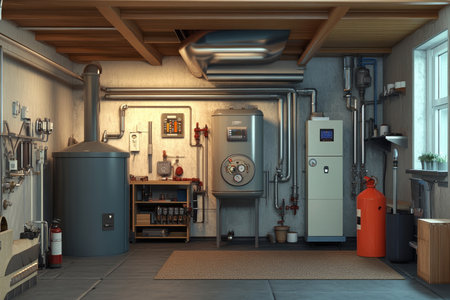 Photorealistic view of a home interior featuring a basement boiler system designの写真素材