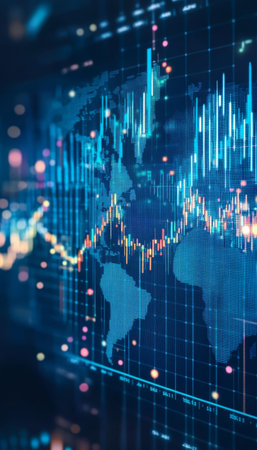 Digital world map background with financial graphs for stock market technology concept